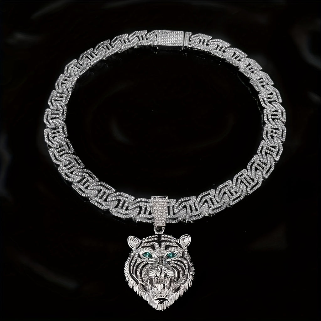 Hip Hop Necklace Tiger Head Pendant Cuban Link Men with Metal, Pendant+Necklace(50.8cm) - 【white】, Pendant+Necklace(50.8cm) option