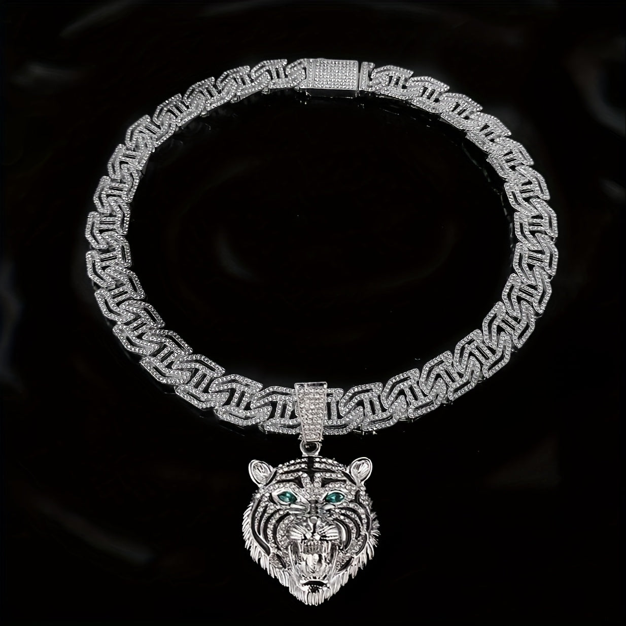 Hip Hop Necklace Tiger Head Pendant Cuban Link Men with Metal, Pendant+Necklace(50.8cm) - 【white】, Pendant+Necklace(50.8cm) option