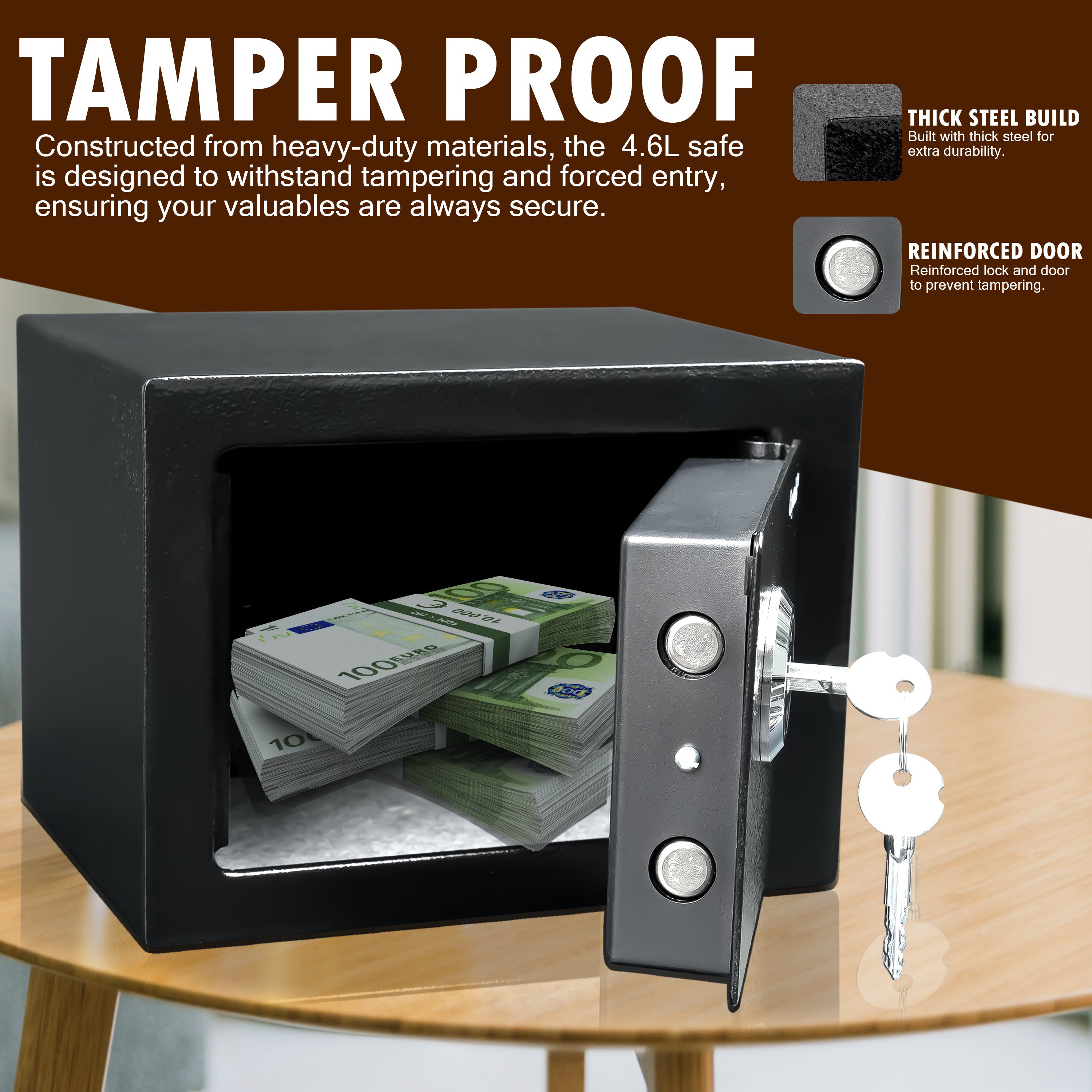 Home Safe Box with Freestanding, 2mm, 4mm, Solid Steel Security Key 4.6L Cash - product gallery image 7
