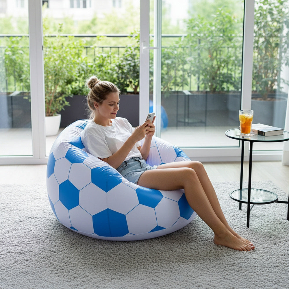 Inflatable Ball Chair with Hand Pump Six Graphic Styles - Blue and White Football option