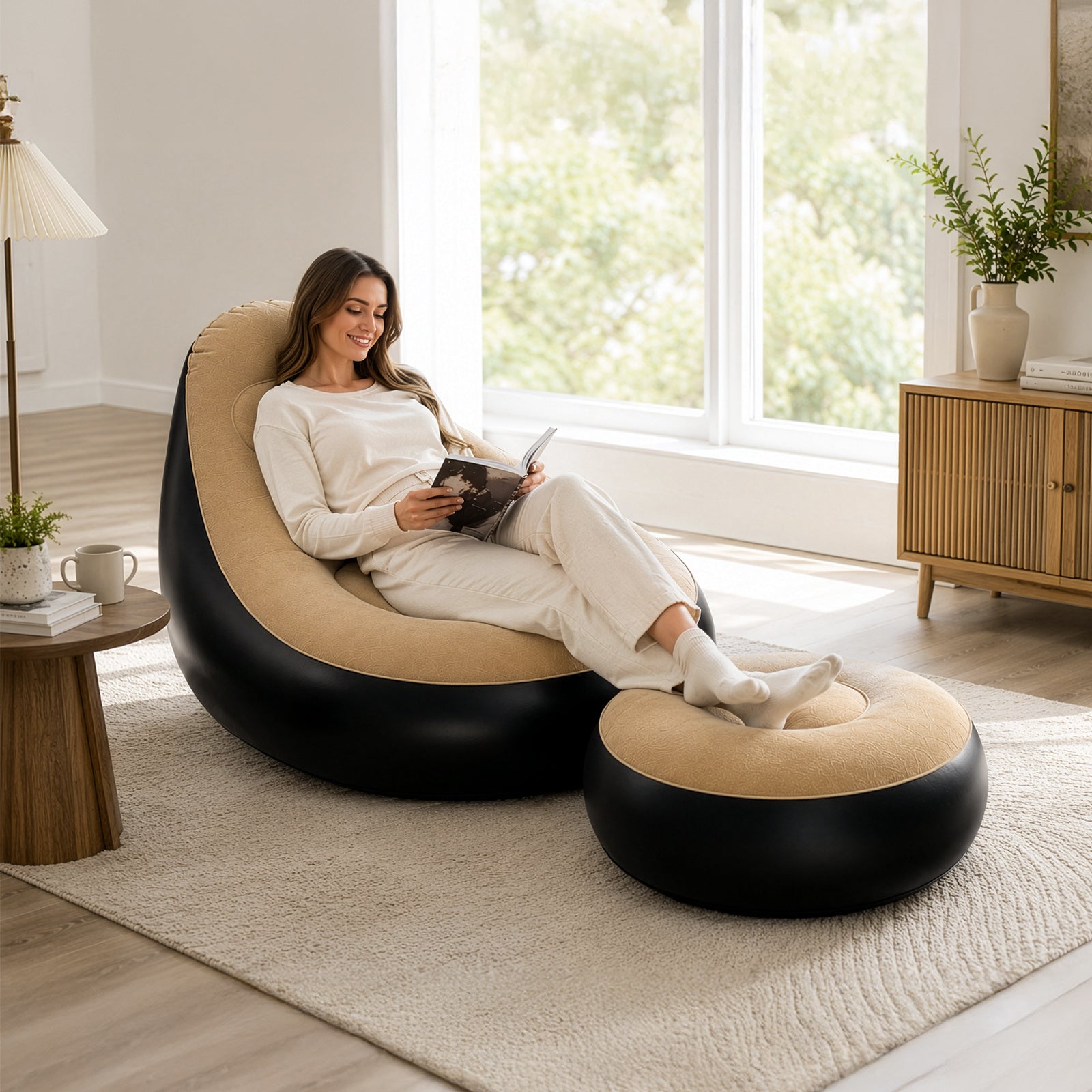 Inflatable Chair with Recliner Footstool Inch Portable Lounger - Brown option