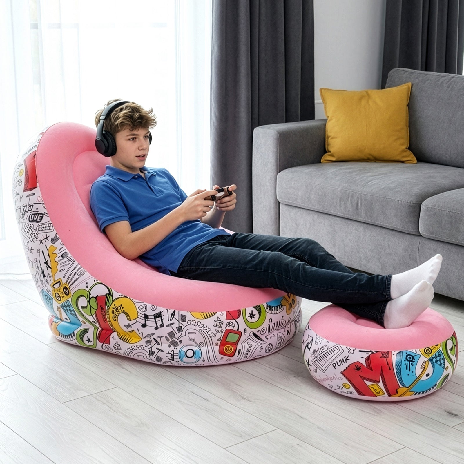 Inflatable Chair with Recliner Footstool Inch Portable Lounger - product gallery image 3