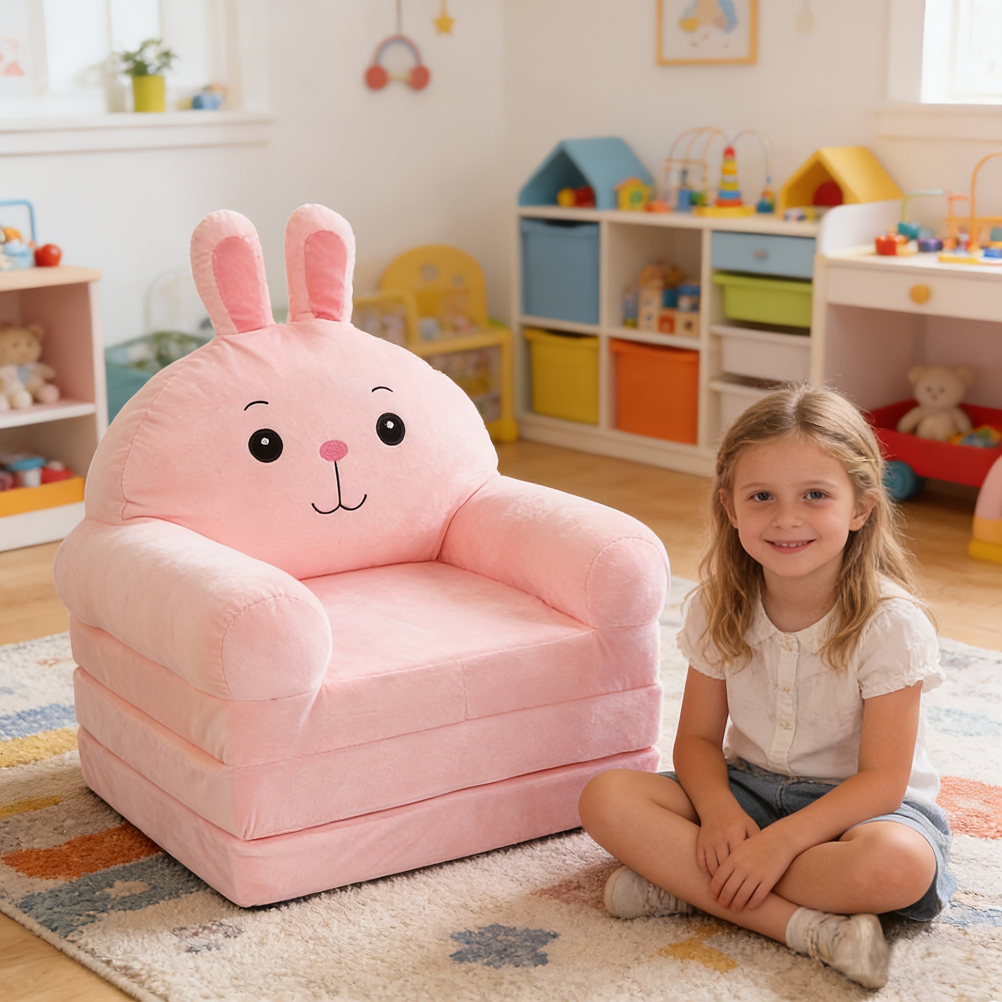 Kids Sofa with Space-Saving, Foldable, 2-in-1 Folding Lounger Plush Children’s - Pink option
