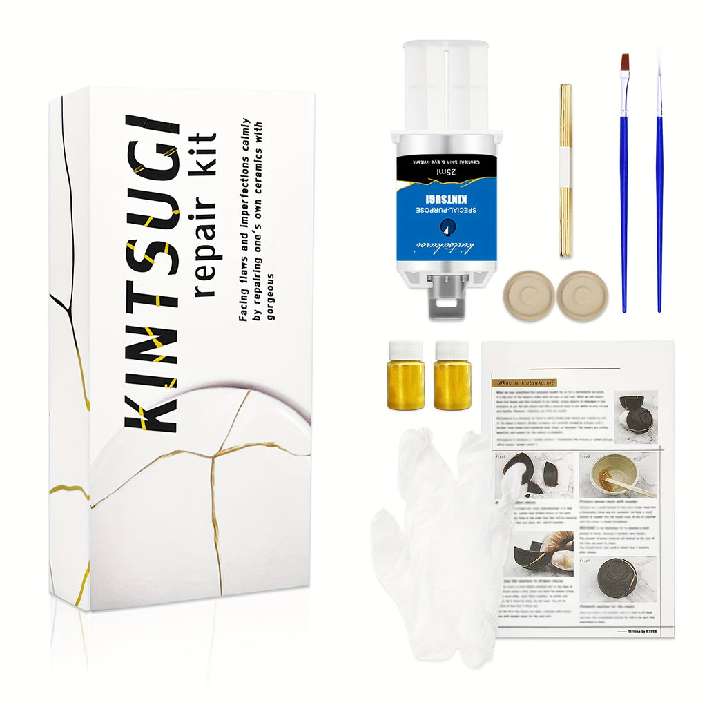 Kintsugi Kit with Ceramic, Easy, Repair Gold Powder Glue Ceramic Bowls - Easy option