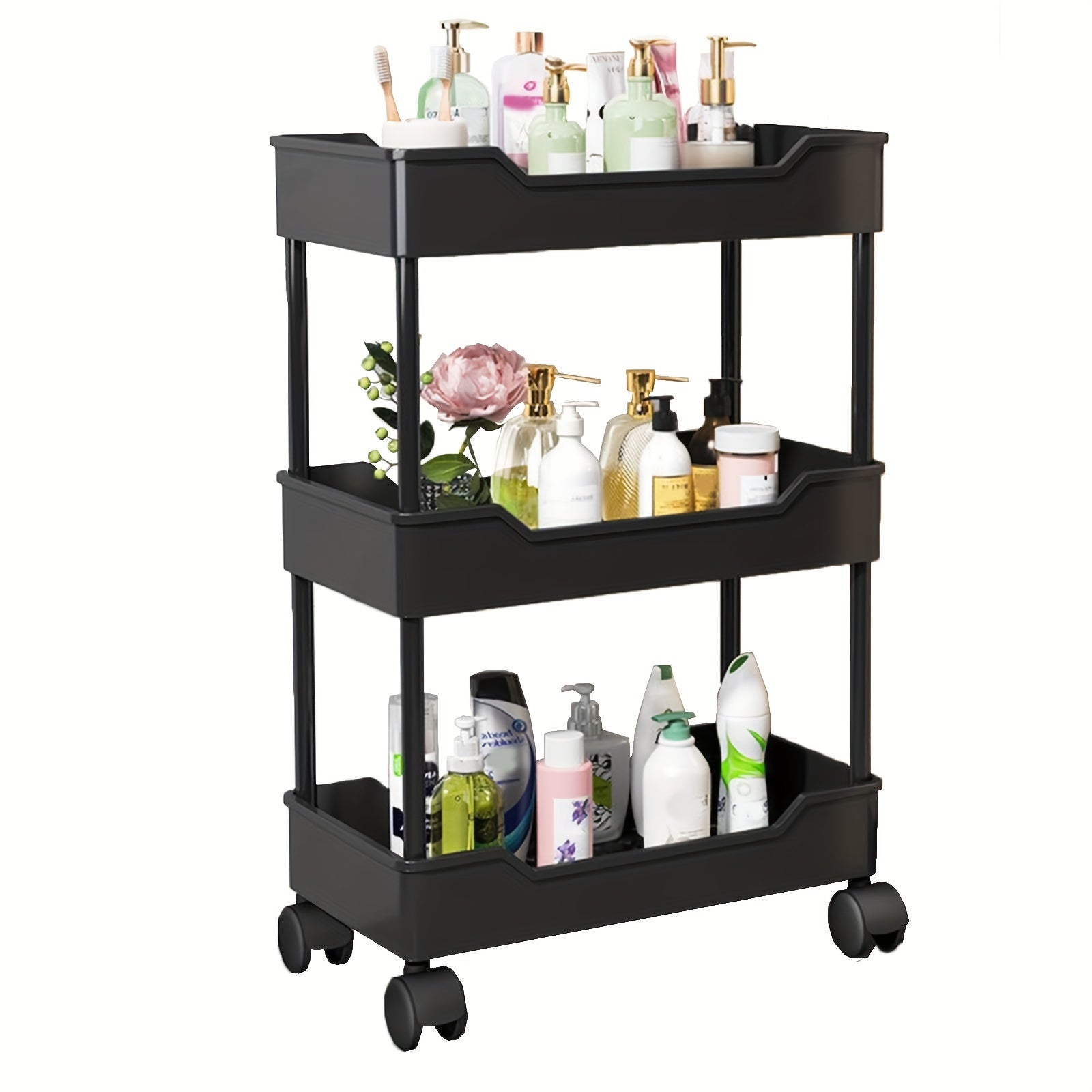 Kitchen Storage Trolley with Wheels, Plastic, Lightweight 3-Tier Rolling Utility Cart - Black-1 option