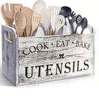 Kitchen Utensil Holder with Wood, 3-Compartment Solid Wood Drainage Holes - product gallery image 4