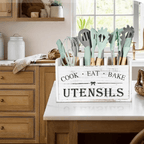 Kitchen Utensil Holder with Wood, 3-Compartment Solid Wood Drainage Holes - product gallery image 6