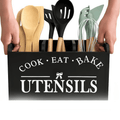 Kitchen Utensil Holder with Wood, 3-Compartment Solid Wood Drainage Holes