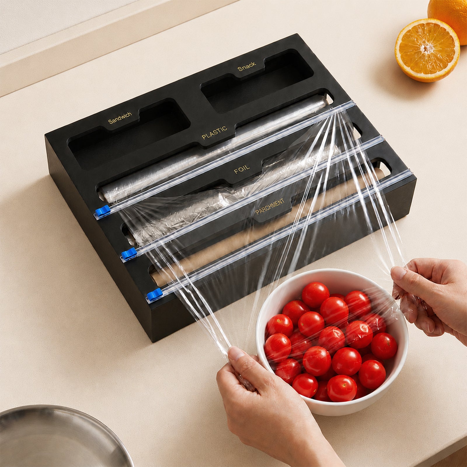 Kitchen Wrap Dispenser with Bamboo, Five-in-One Bamboo Three Cutters - Black, 4-Tier option