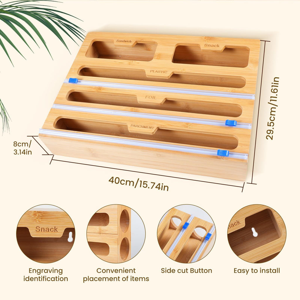 Kitchen Wrap Dispenser with Bamboo, Five-in-One Bamboo Three Cutters - product gallery image 10