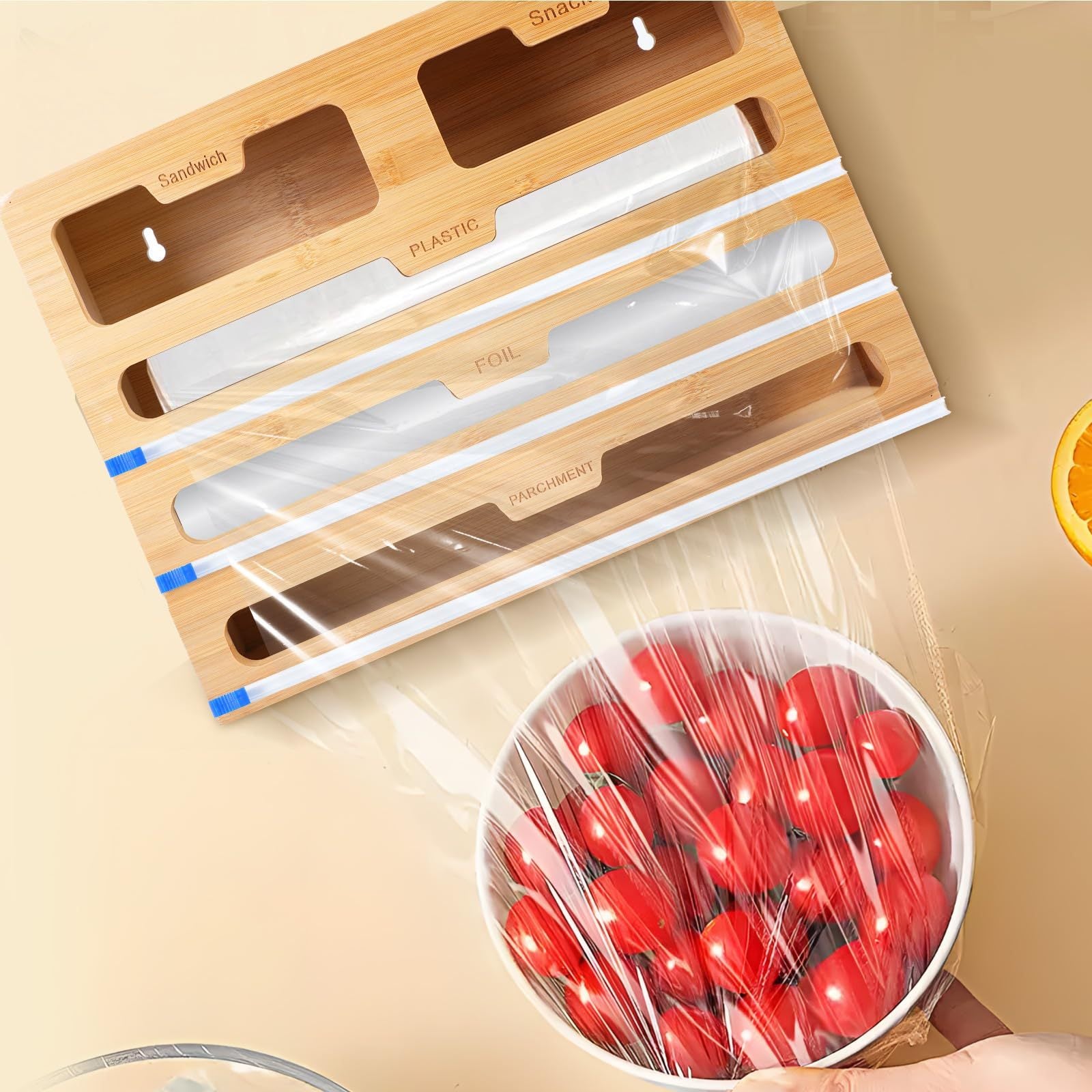 Kitchen Wrap Dispenser with Bamboo, Five-in-One Bamboo Three Cutters - product gallery image 12