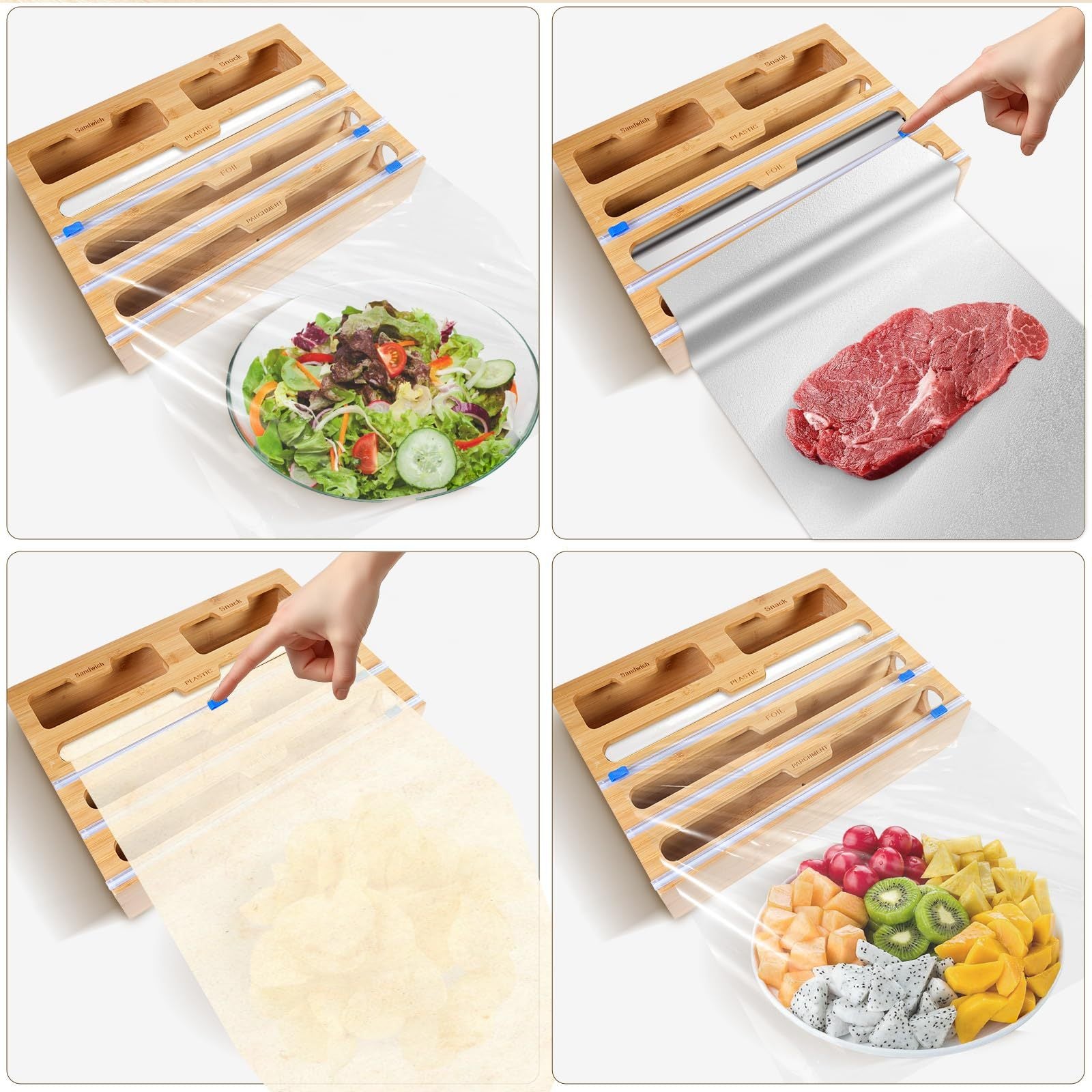 Kitchen Wrap Dispenser with Bamboo, Five-in-One Bamboo Three Cutters - product gallery image 14
