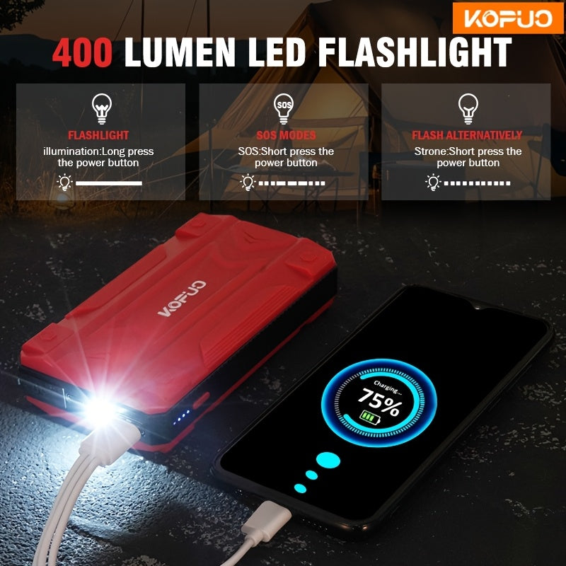 KOPUO Portable 3000A Car Battery Jump Starter (5.0L Gas/4L Diesel) Portable Car Jump Starter Battery Pack, 12V Car Battery Jumper Starter with Safety Jumper Cables, Fast Charge, with LED Lighting/Strobe Light/Sos, Compact Car Starter - prod
