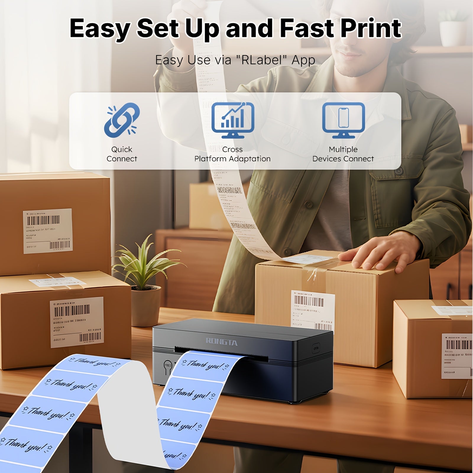 Label Printer Rongta RP425 Wireless Thermal 4x6 Compact with Space-Saving - product gallery image 5