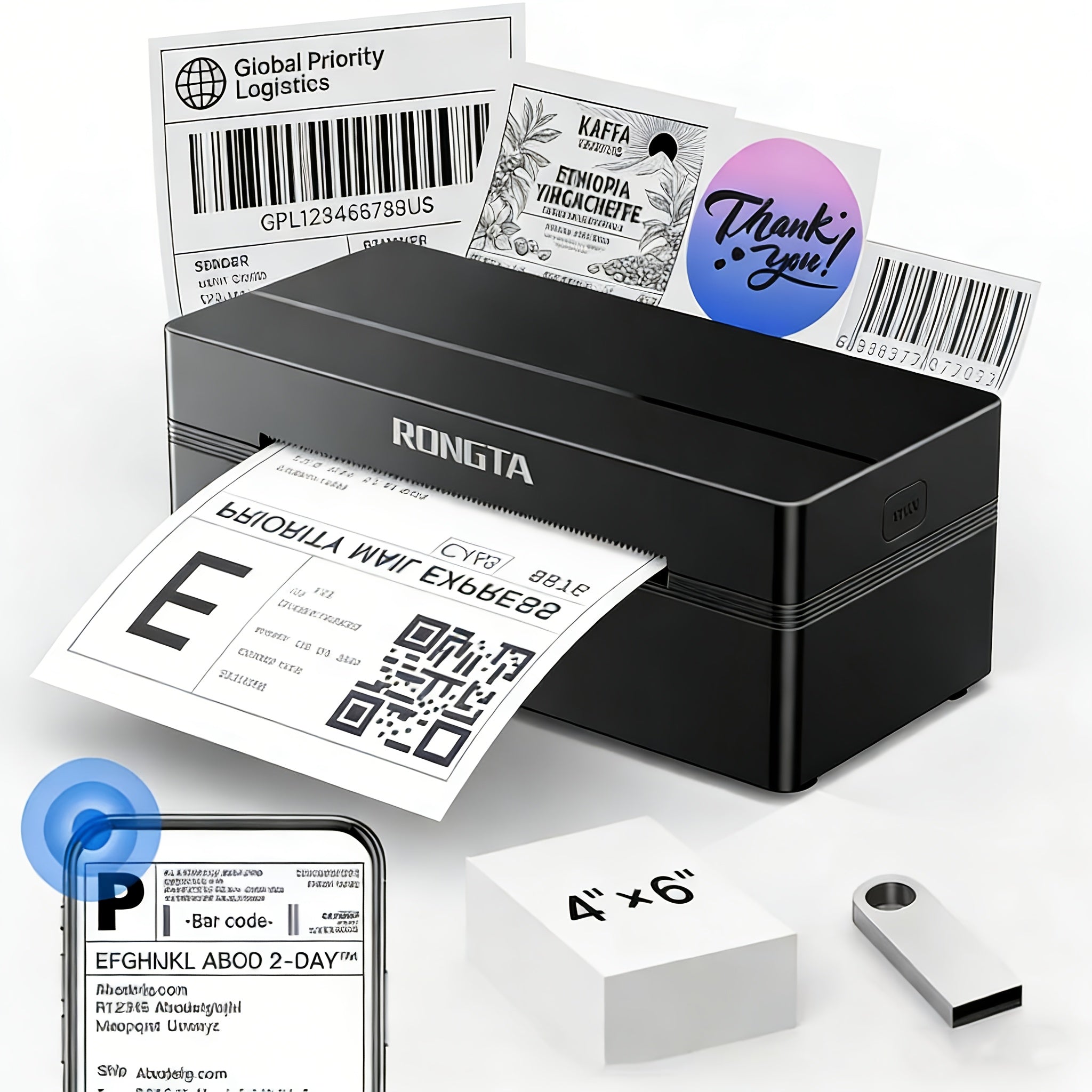 Label Printer Rongta RP425 Wireless Thermal 4x6 Compact with Space-Saving