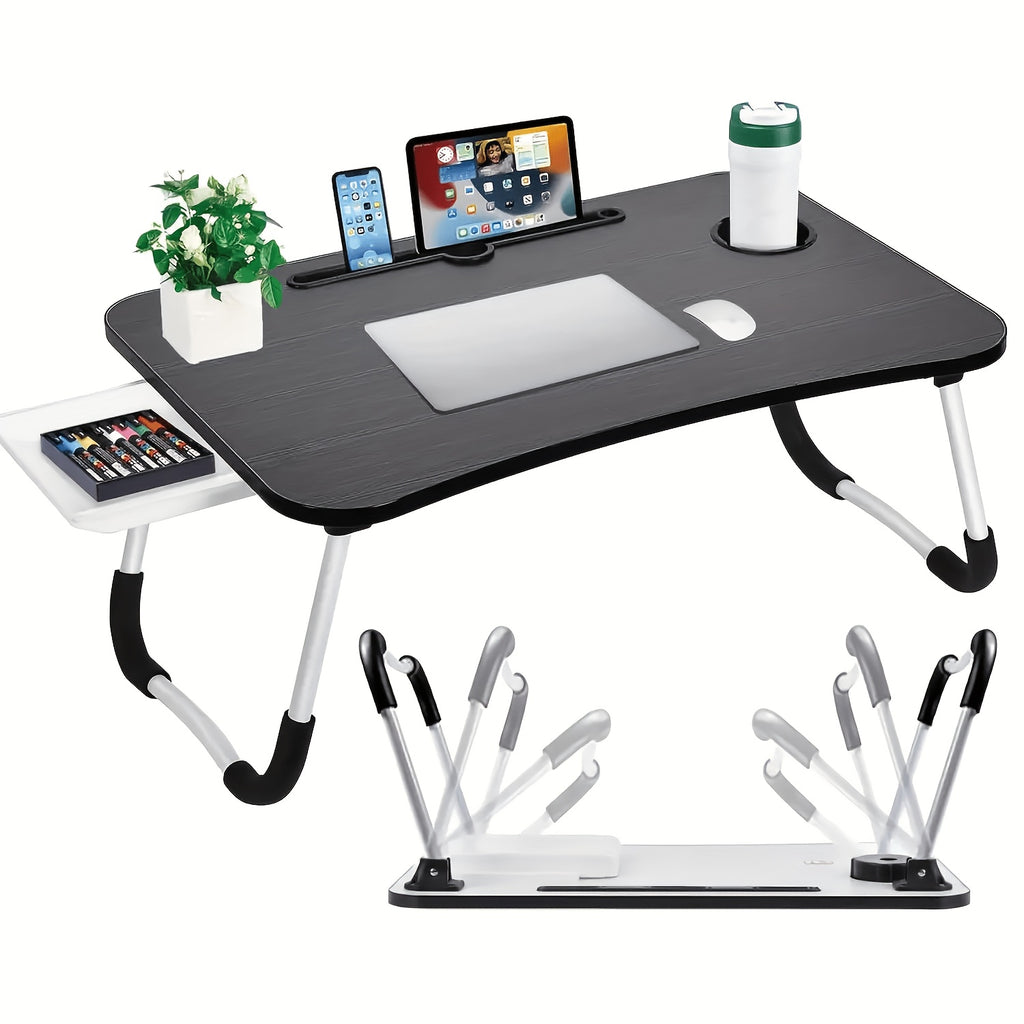 Laptop Desk with Foldable, Pull-Out, Bed Drawer, Cup Holder Tablet Slot