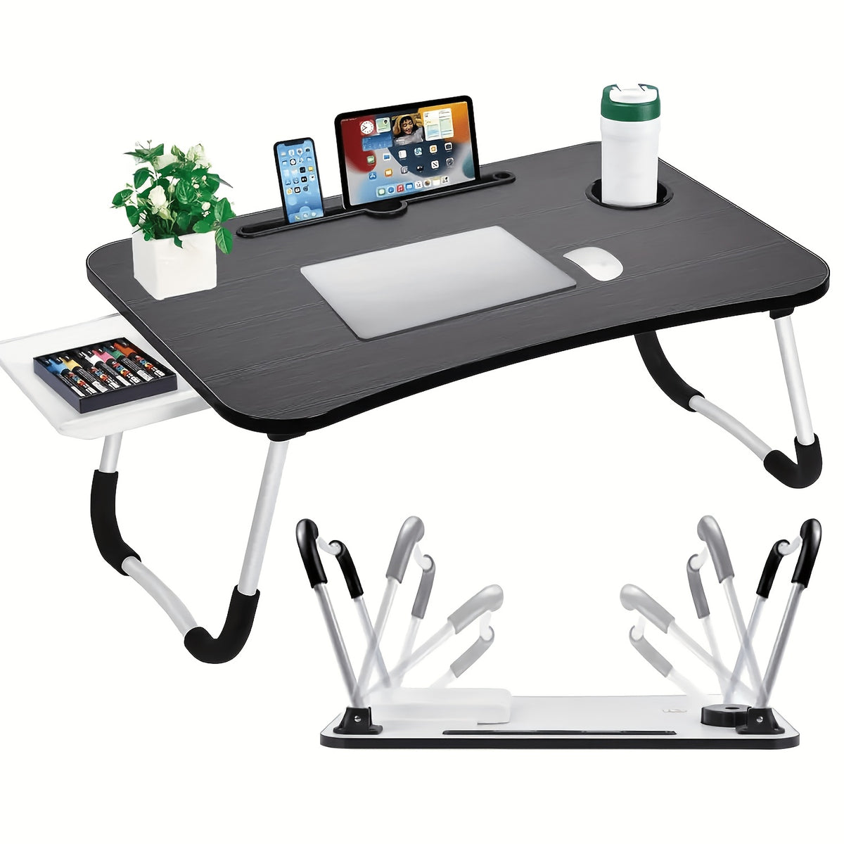 Laptop Desk with Foldable, Pull-Out, Bed Drawer, Cup Holder Tablet Slot