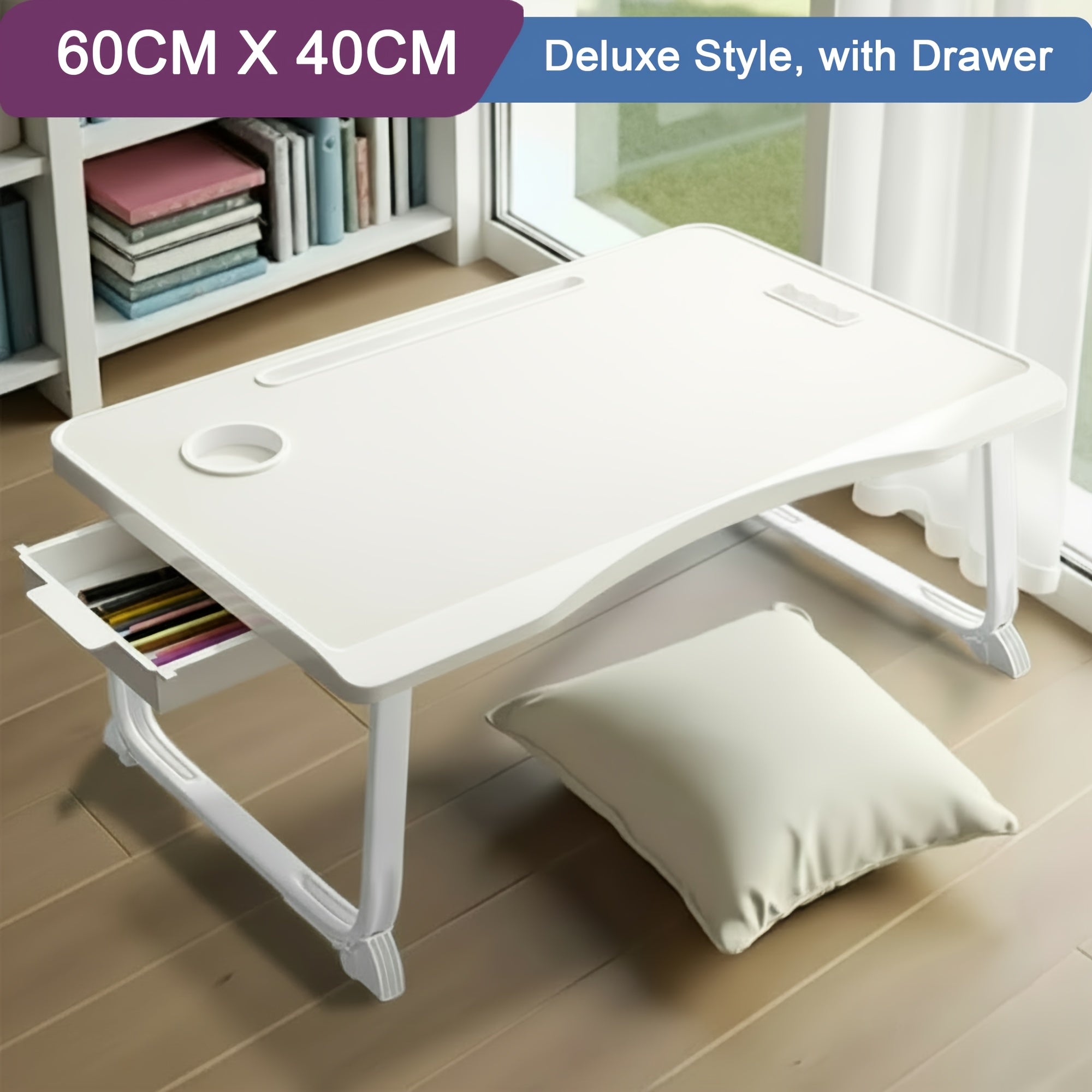 Laptop Desk with Portable Bed Table 60x40cm Cup Holder - White option