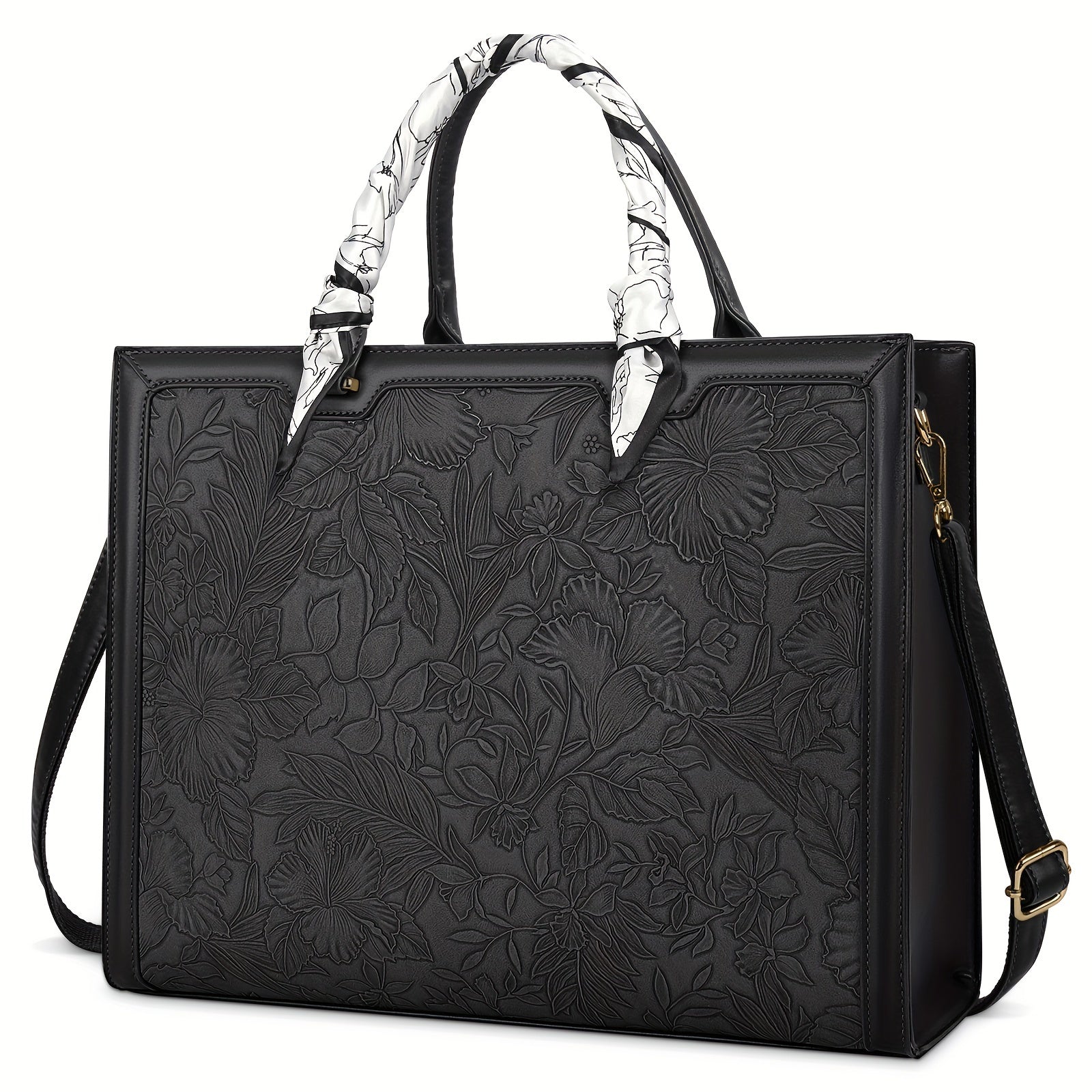 Laptop Tote Bag with 15.6in, Metal, Black 15.6in Floral Texture Scarf Detail - Black option