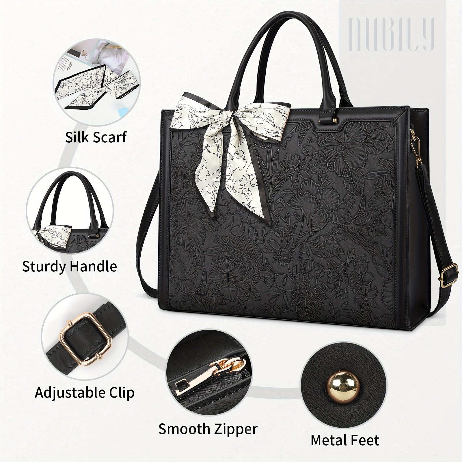 Laptop Tote Bag with 15.6in, Metal, Black 15.6in Floral Texture Scarf Detail - product gallery image 3