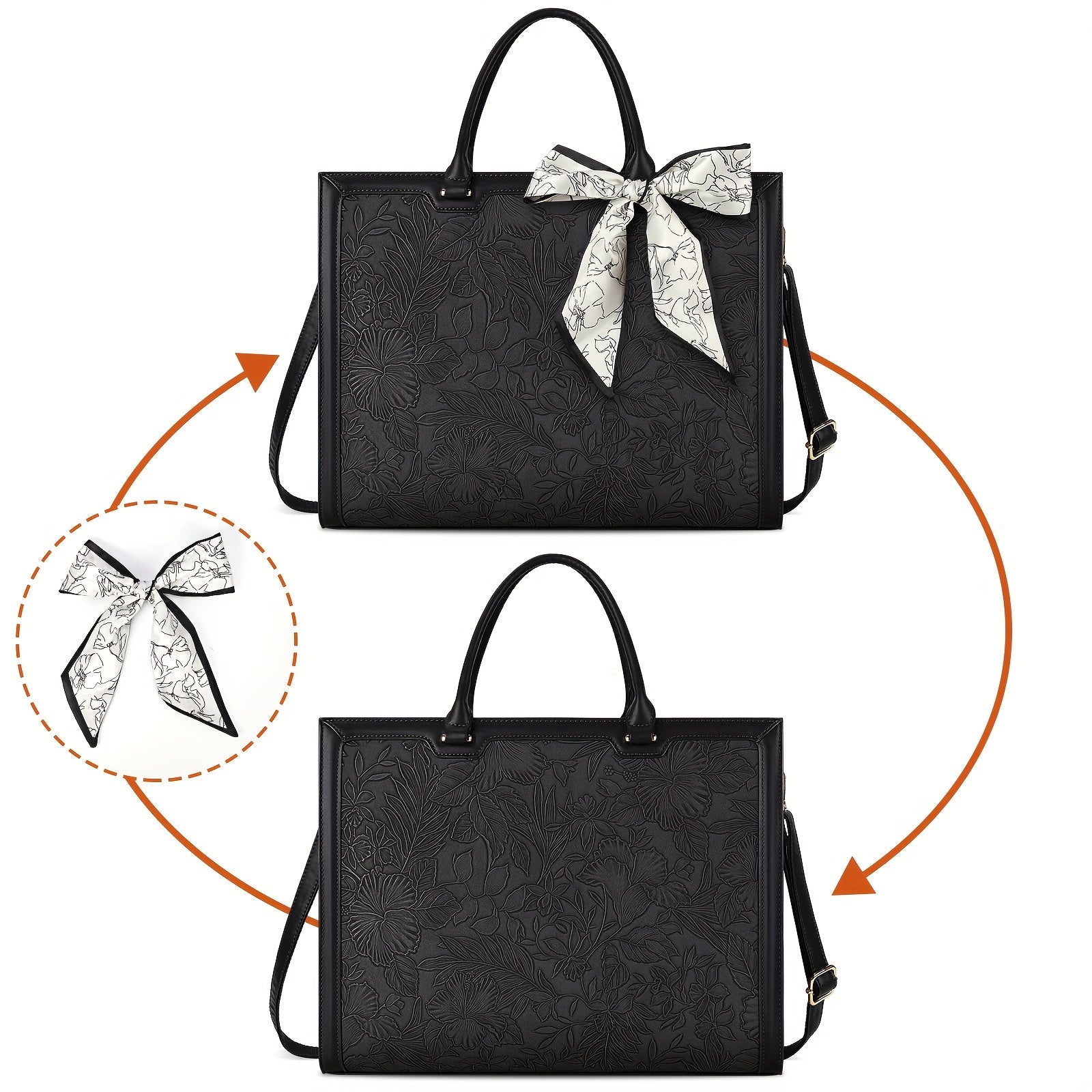 Laptop Tote Bag with 15.6in, Metal, Black 15.6in Floral Texture Scarf Detail - product gallery image 8