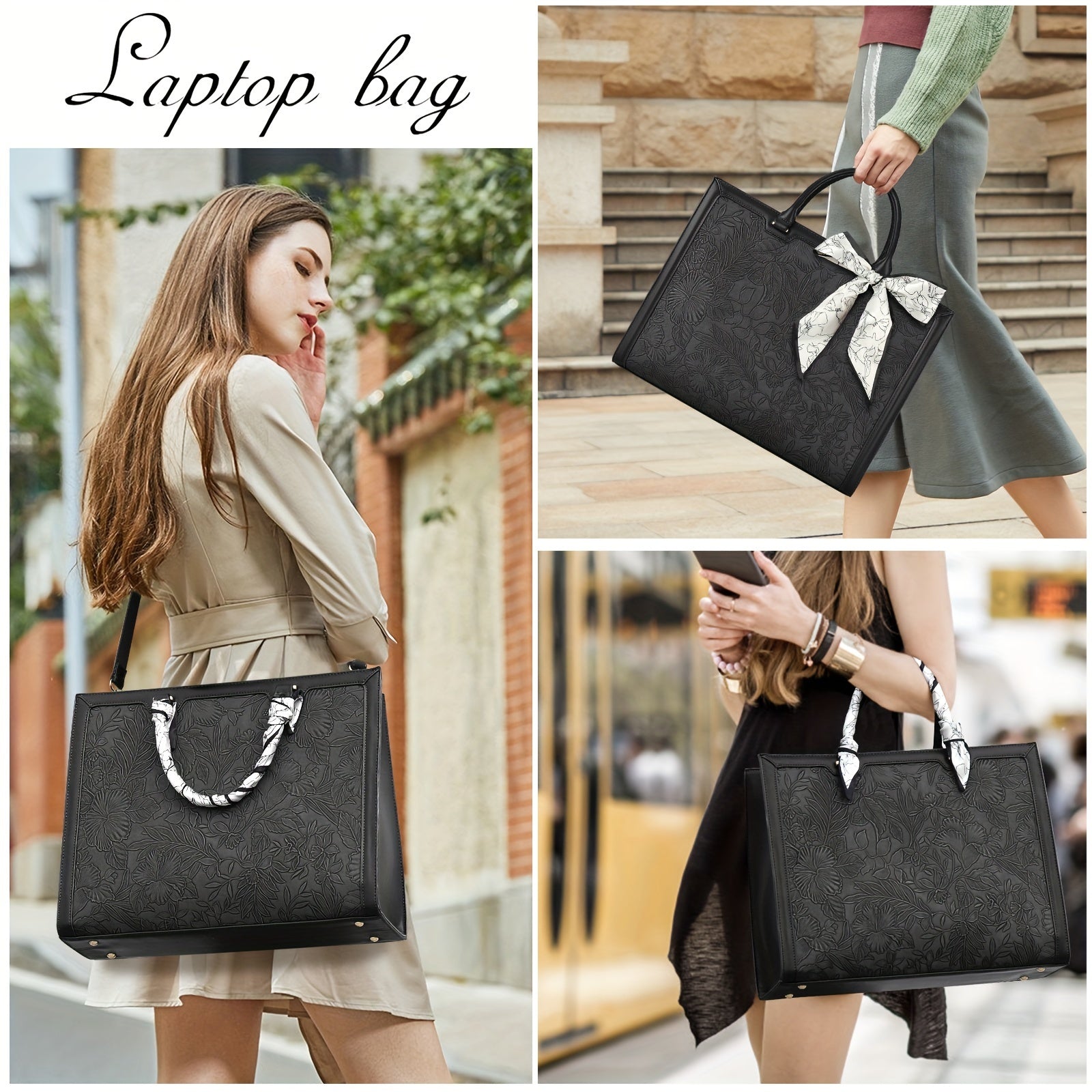 Laptop Tote Bag with 15.6in, Metal, Black 15.6in Floral Texture Scarf Detail - product gallery image 9