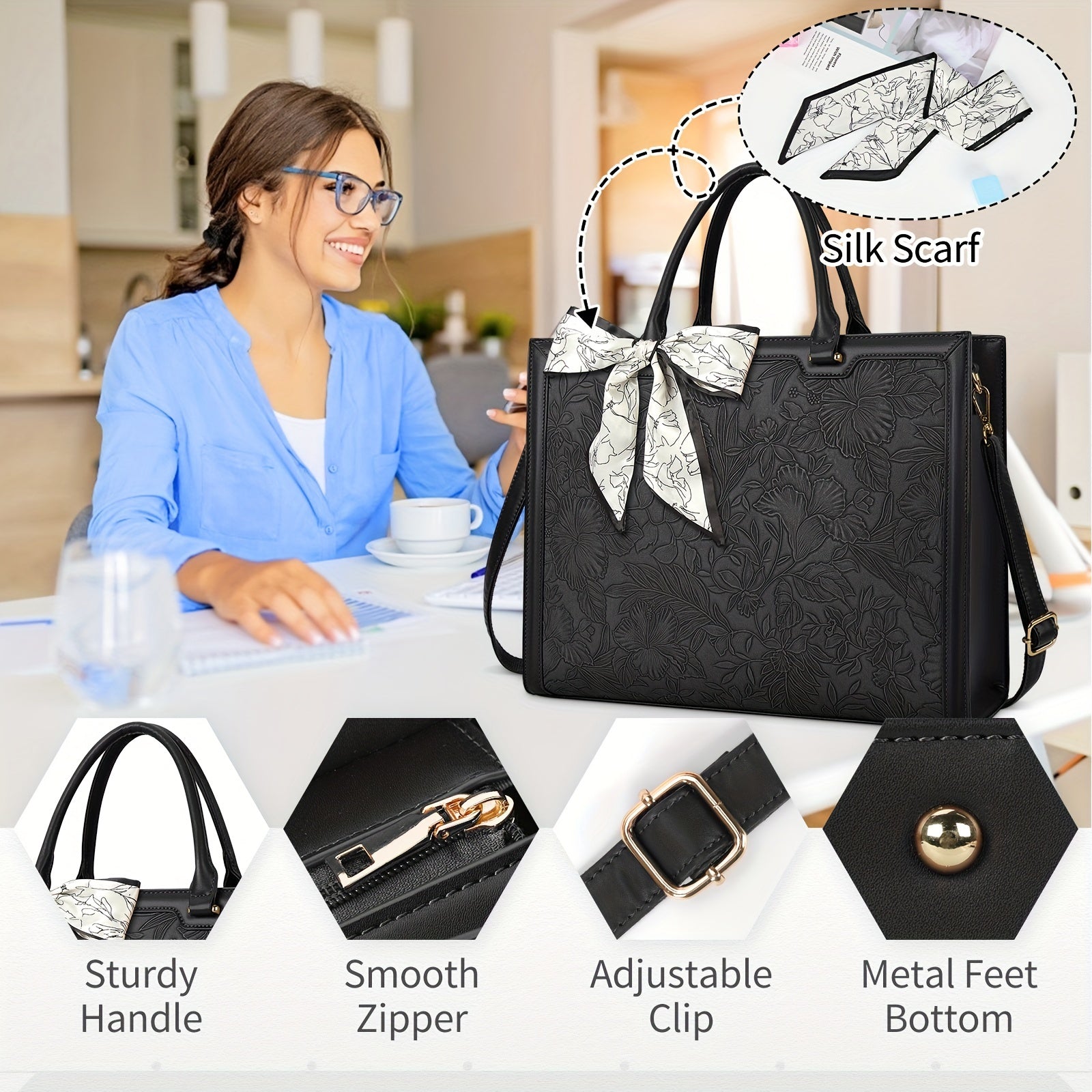Laptop Tote Bag with 15.6in, Metal, Black 15.6in Floral Texture Scarf Detail