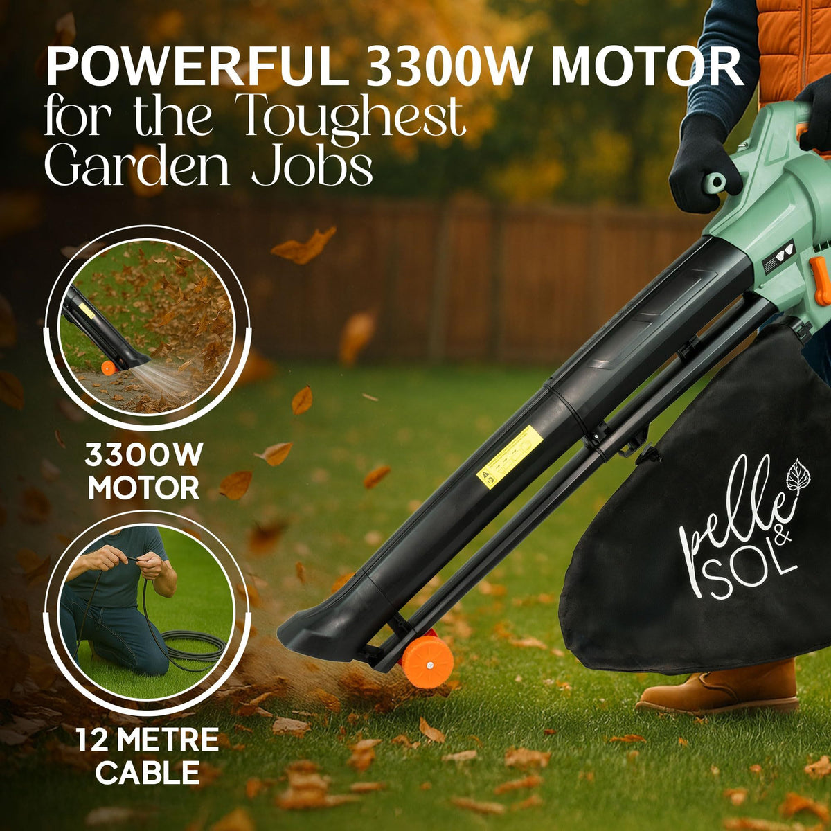 Leaf Blowers & Vacuum with Wheels, 12m, 3-in-1 Blower Mulcher 3300W Corded Electric - product gallery image 4