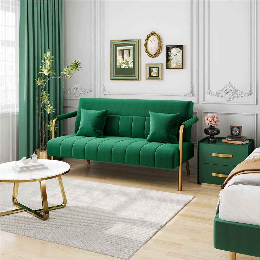 Loveseat Sofa with Space-Saving, 143cm, Metal, Velvet Gold Metal Arms Legs Pillows - product gallery image 3