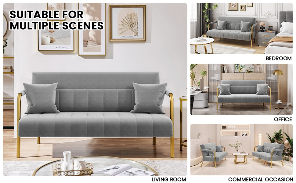 Loveseat Sofa with Space-Saving, 143cm, Metal, Velvet Gold Metal Arms Legs Pillows - product gallery image 8