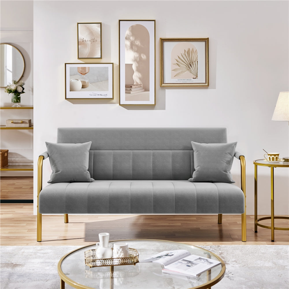 Loveseat Sofa with Space-Saving, 143cm, Metal, Velvet Gold Metal Arms Legs Pillows - Light Gray option
