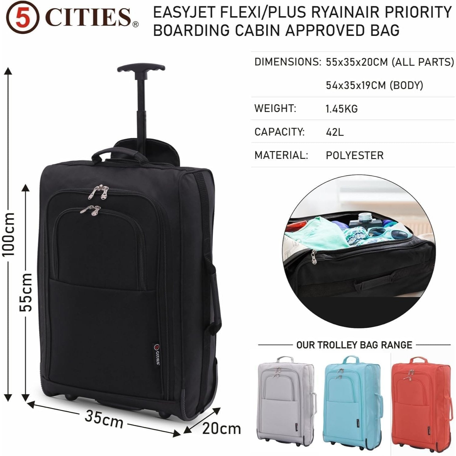 Luggage Set with Wheels, 55cm, Cabin Suitcase of Cities 21"/55cm Lightweight - product gallery image 2