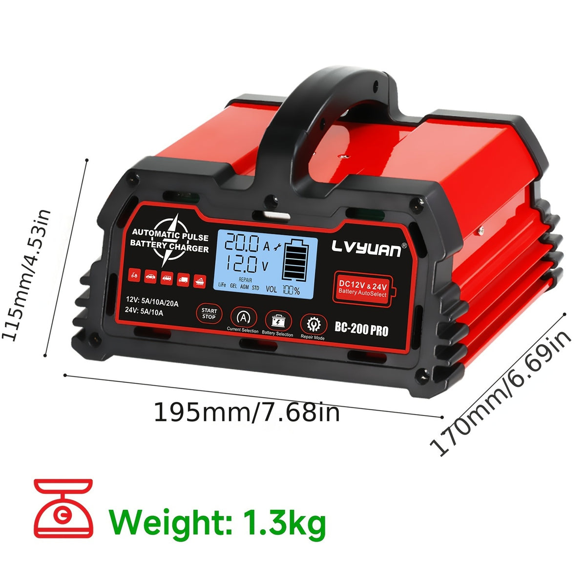 LVYUAN 12V25A 24V12A 12V20A Battery with Charger (Not Car Starter), LiFePO4 Lead-Acid - 20A option