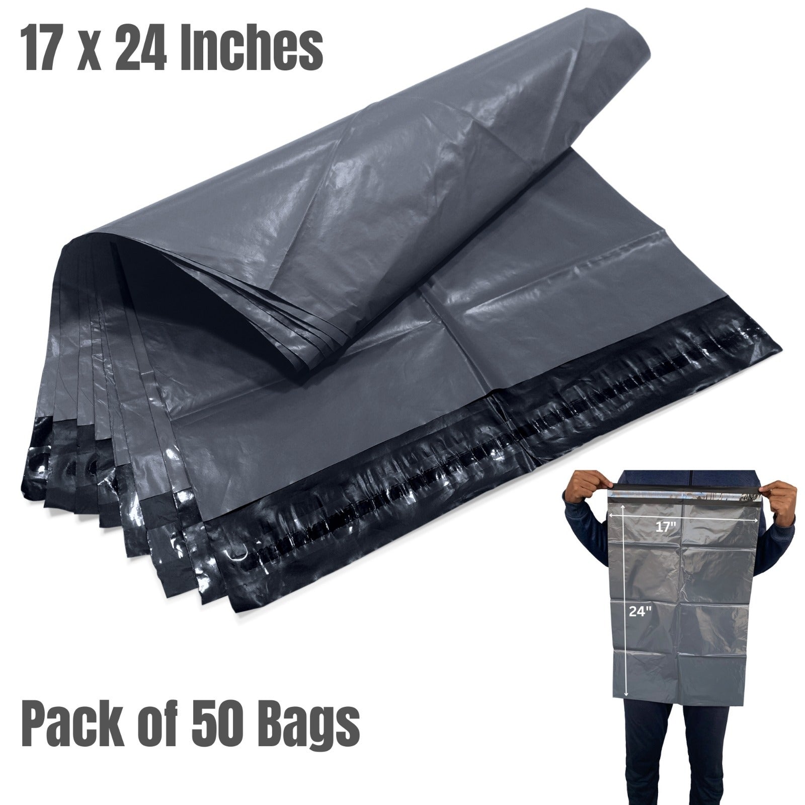 Mailing Bag with Waterproof, Plastic, 50 Pack, 50 Bags, Grey Poly Mailer Bags 17x24 Inch