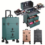 Makeup Case with Wheels, Glass, Large 3-in-1 Trolley Professional Hairdressing