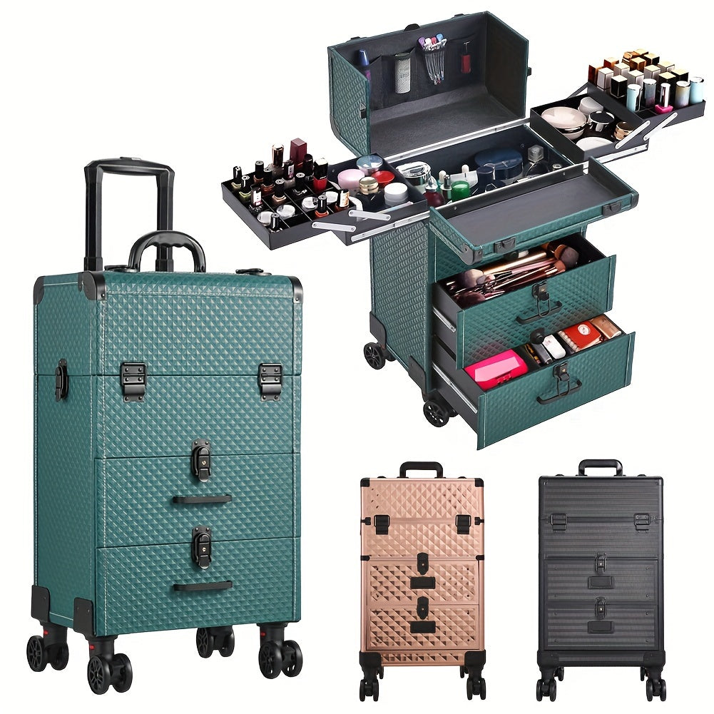 Makeup Case with Wheels, Glass, Large 3-in-1 Trolley Professional Hairdressing