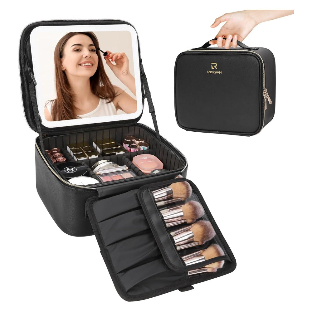 Makeup Organiser with Box Adjustable Dividers Rotating Mirror Travel - product gallery image 8