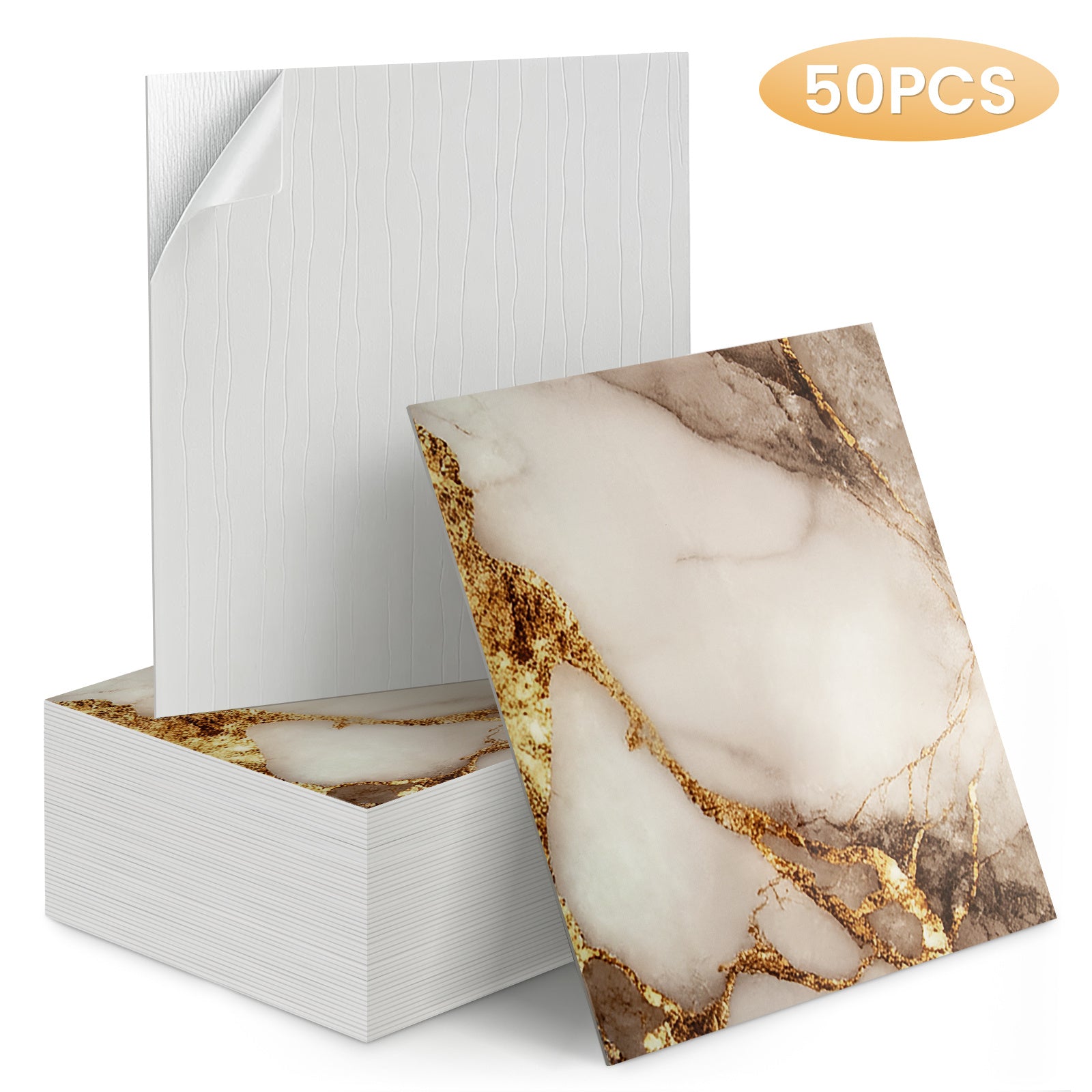 Marble-Look Wall Panel with Self-Adhesive, Marble-Look Peel-and-Stick Panels 50-Piece - White-brown option