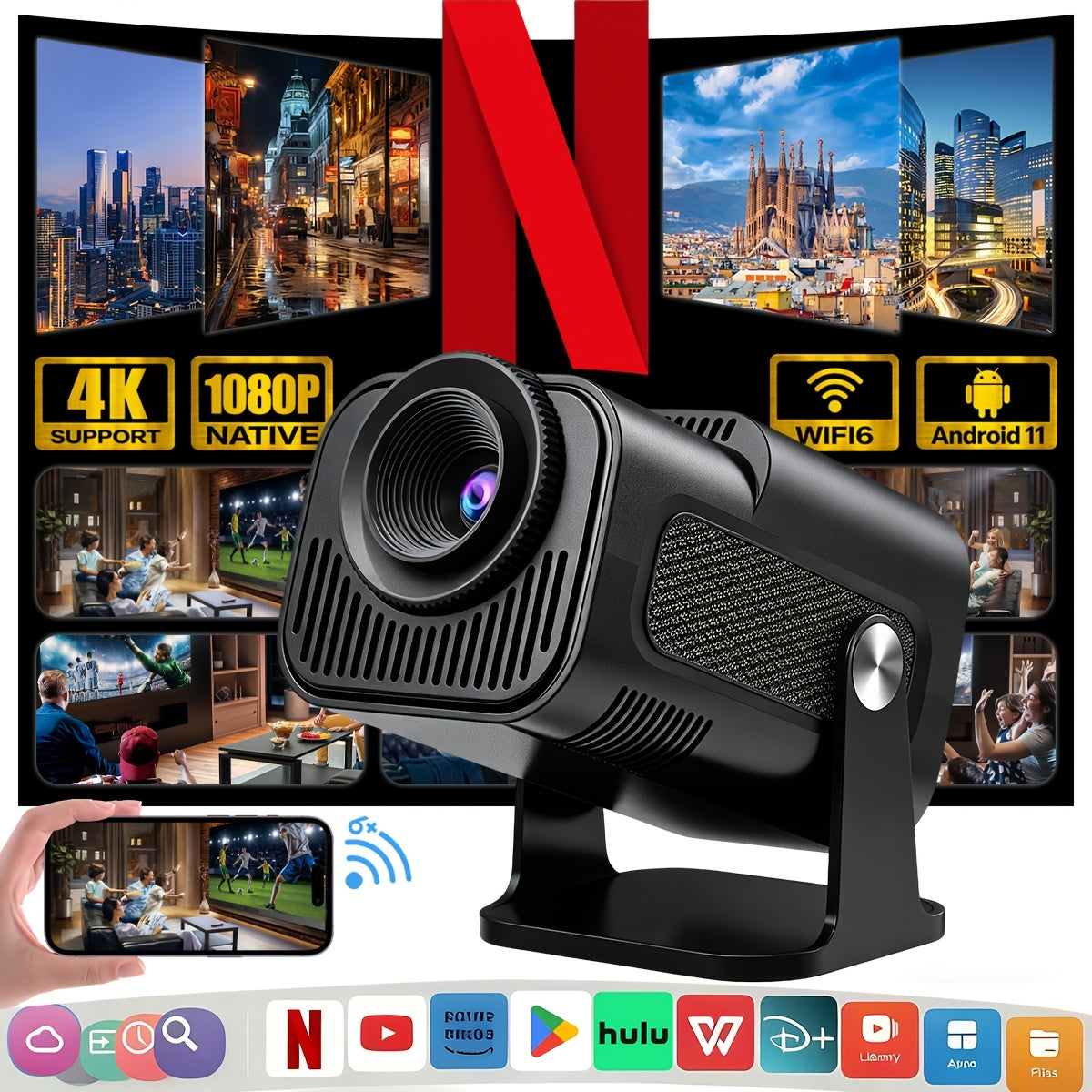 Mini Smart Portable Projector Supports 4K with Wireless