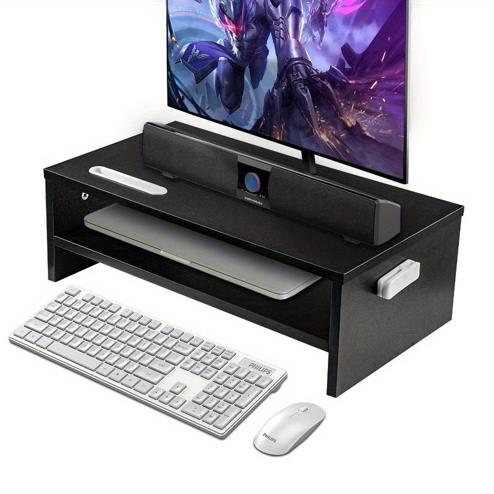 Monitor Stand with Wood Riser Smartphone Holder 2-Tier Storage