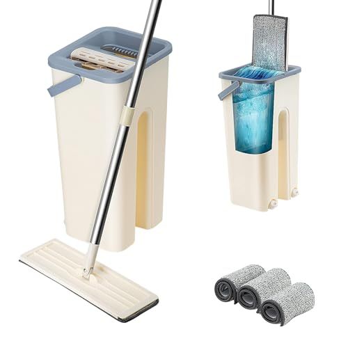 Mop and Floor Cleaner with Space-Saving, Machine-Washable, Telescopic Handle - 3 pcs, Cream + Gray option