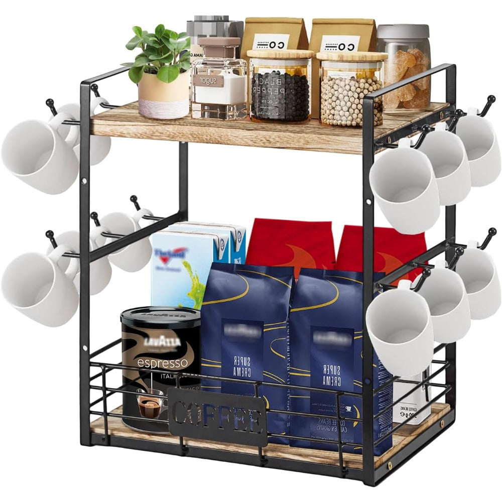 Mug Holder with Space-Saving, Hooks Tier Coffee Bar Organiser Countertop