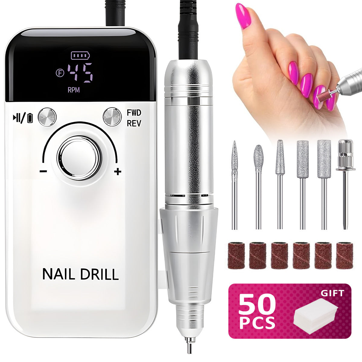 Nail Drill with Acrylic, 50pcs, One set (50PCS nail removal pads included) - White, One set (50PCS nail removal pads included) option