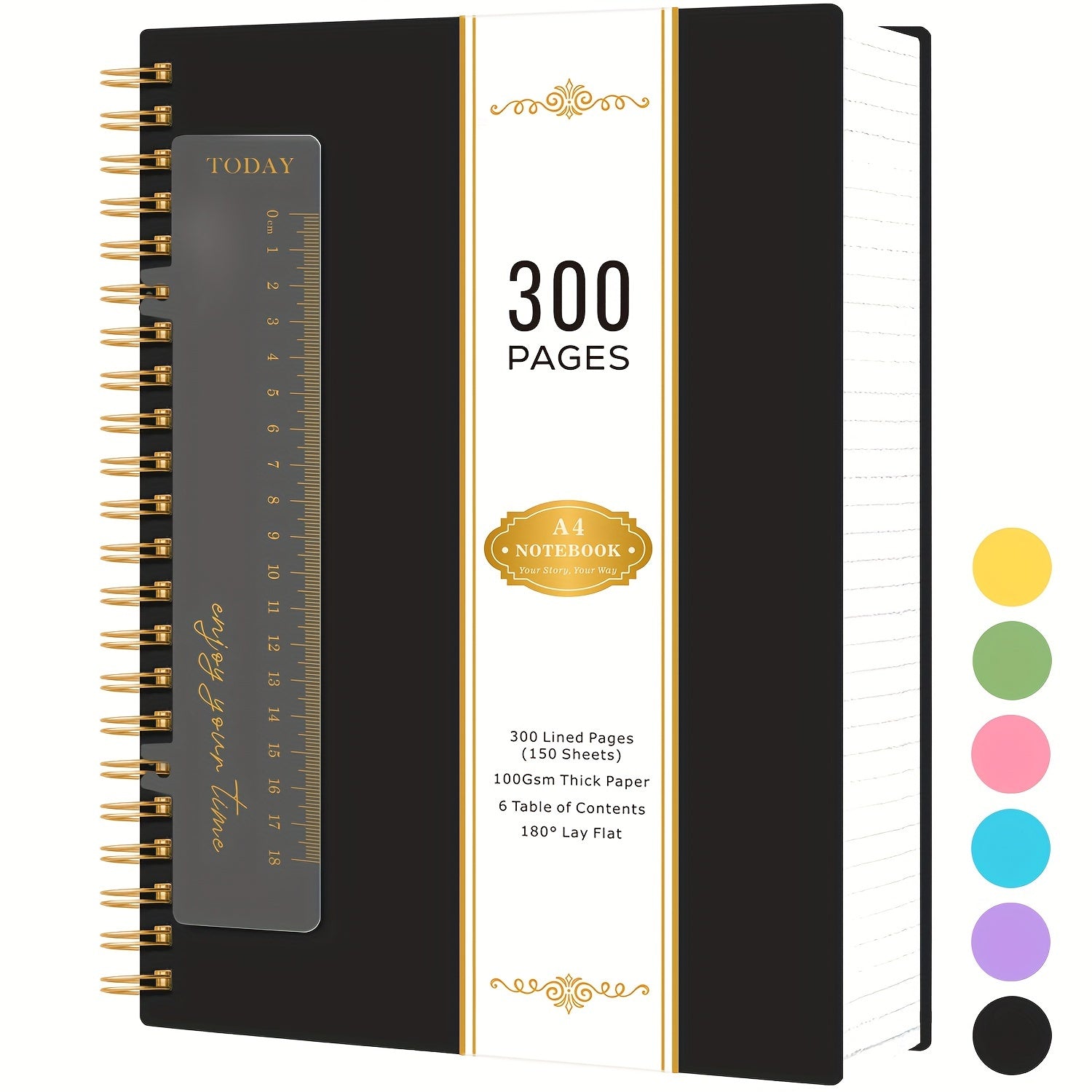 Notebook A4 Spiral Lined Pages 100GSM No-Bleed with Waterproof, 28.5 cm - Black option