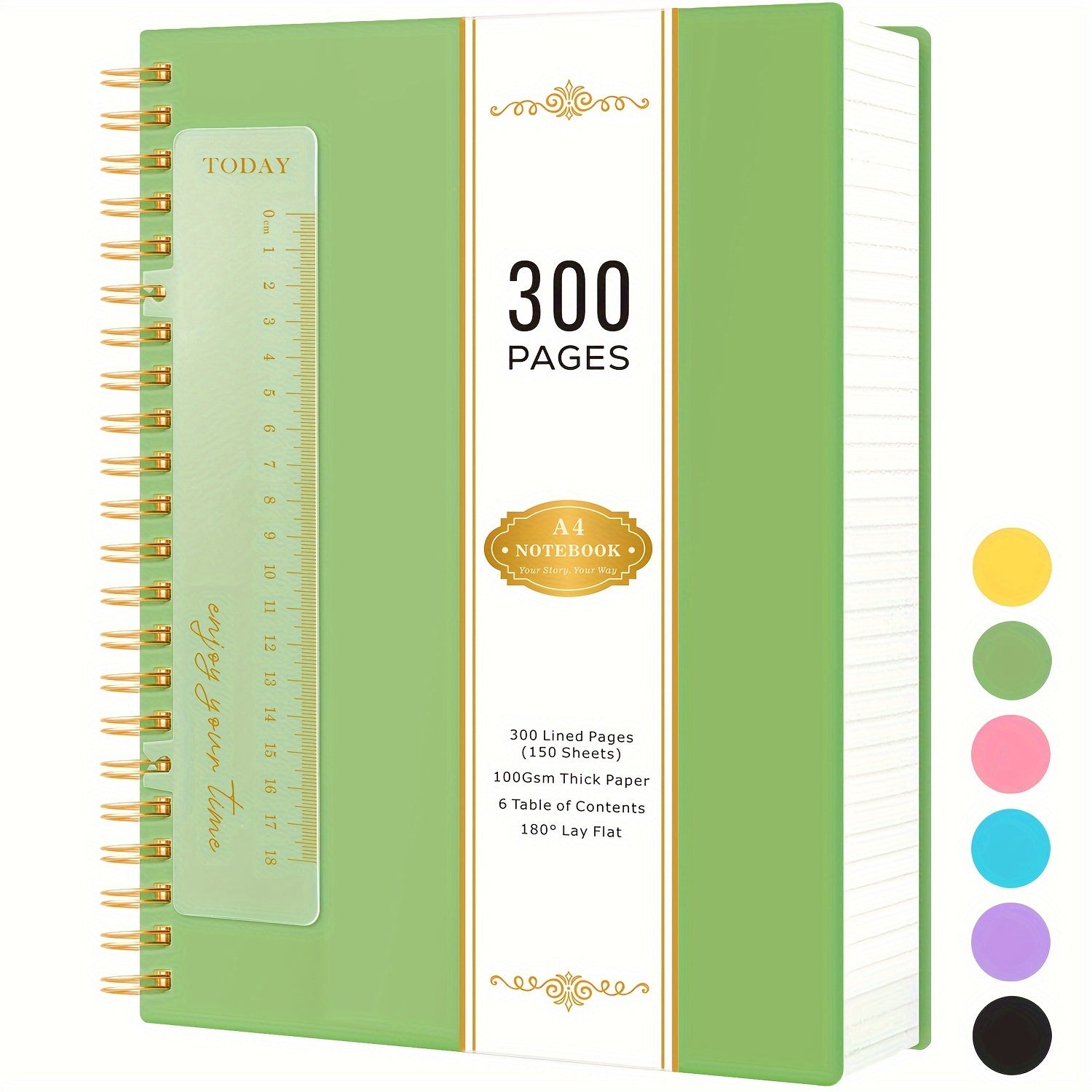 Notebook A4 Spiral Lined Pages 100GSM No-Bleed with Waterproof, 28.5 cm - Green option