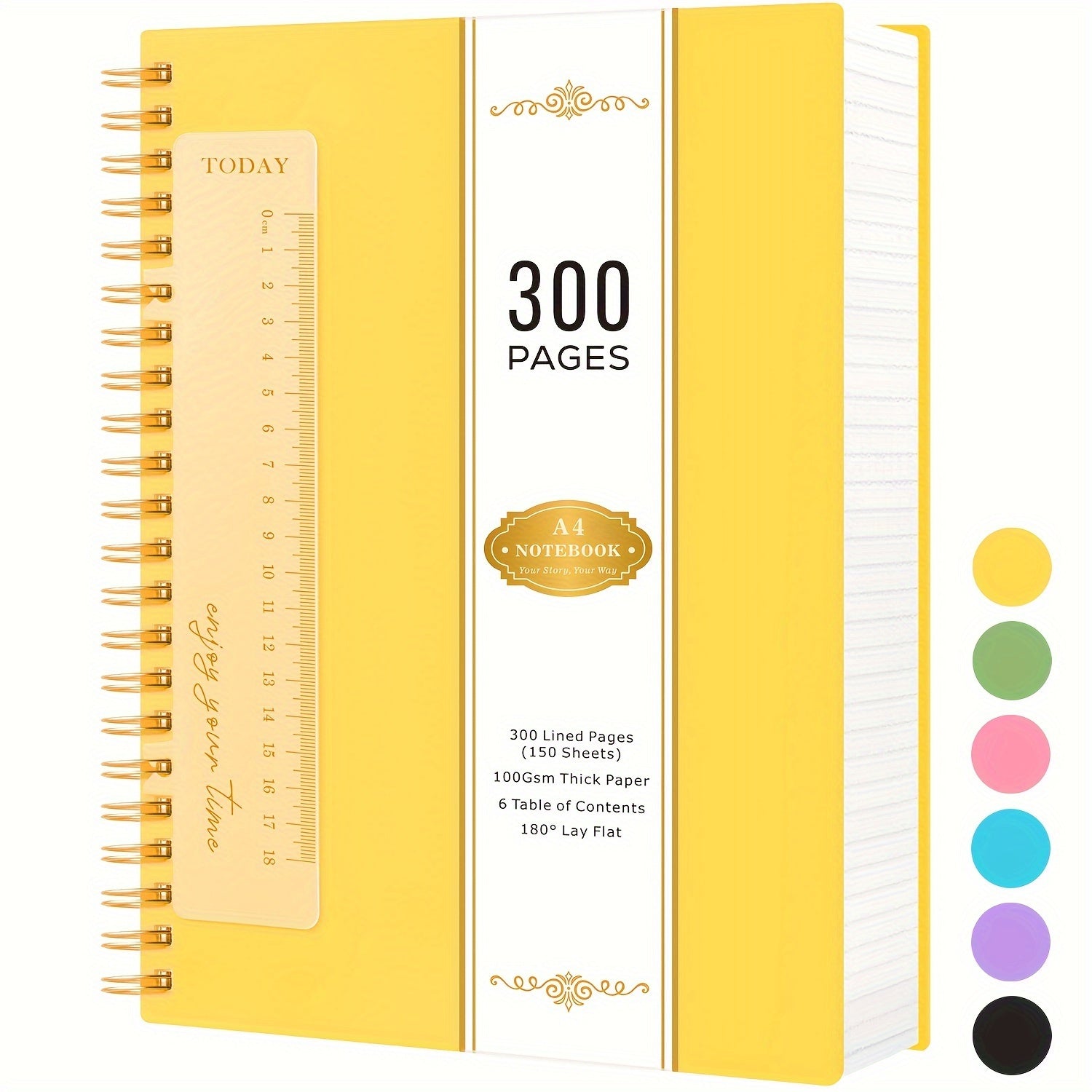 Notebook A4 Spiral Lined Pages 100GSM No-Bleed with Waterproof, 28.5 cm - Yellow option