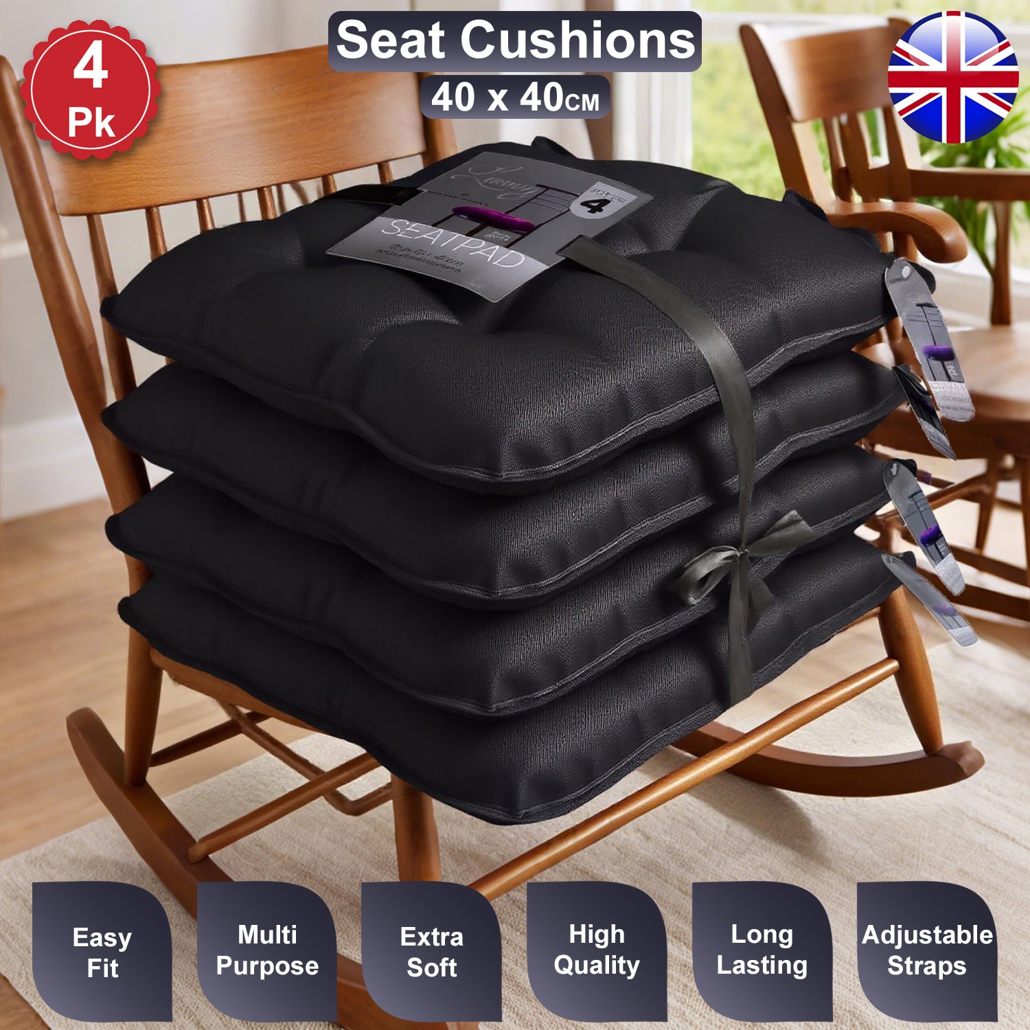Office Chair with 4 Pack, Seat Cushions 40x40cm Soft Pads Tie - Black option