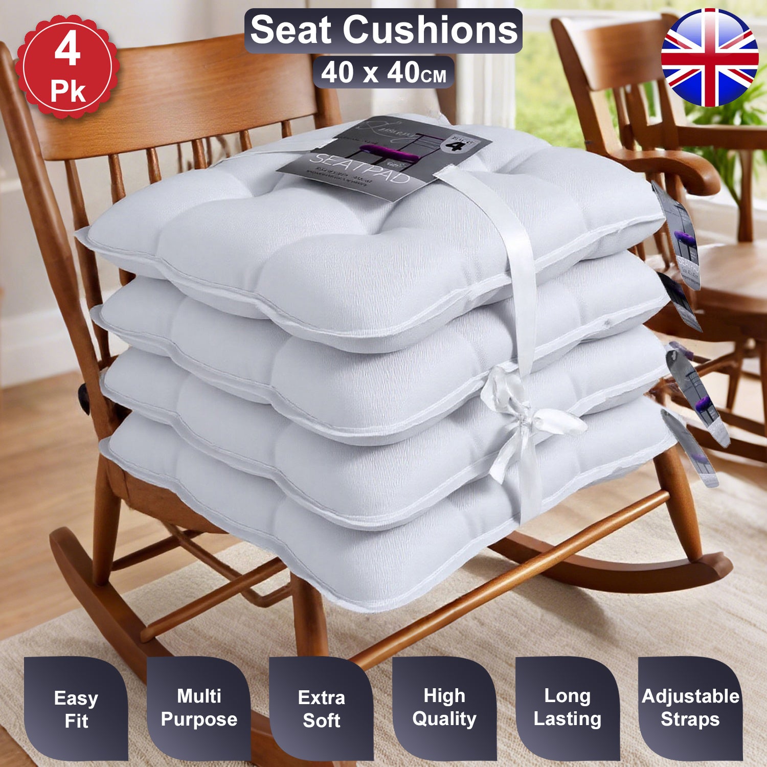 Office Chair with 4 Pack, Seat Cushions 40x40cm Soft Pads Tie - Silver option