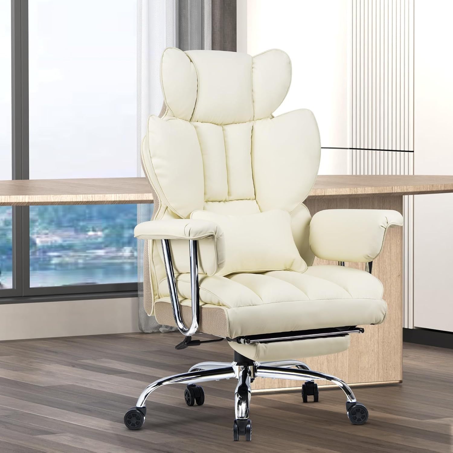 Office Chair with Lumbar Support, Lockable, Metal for home offices - Beige option