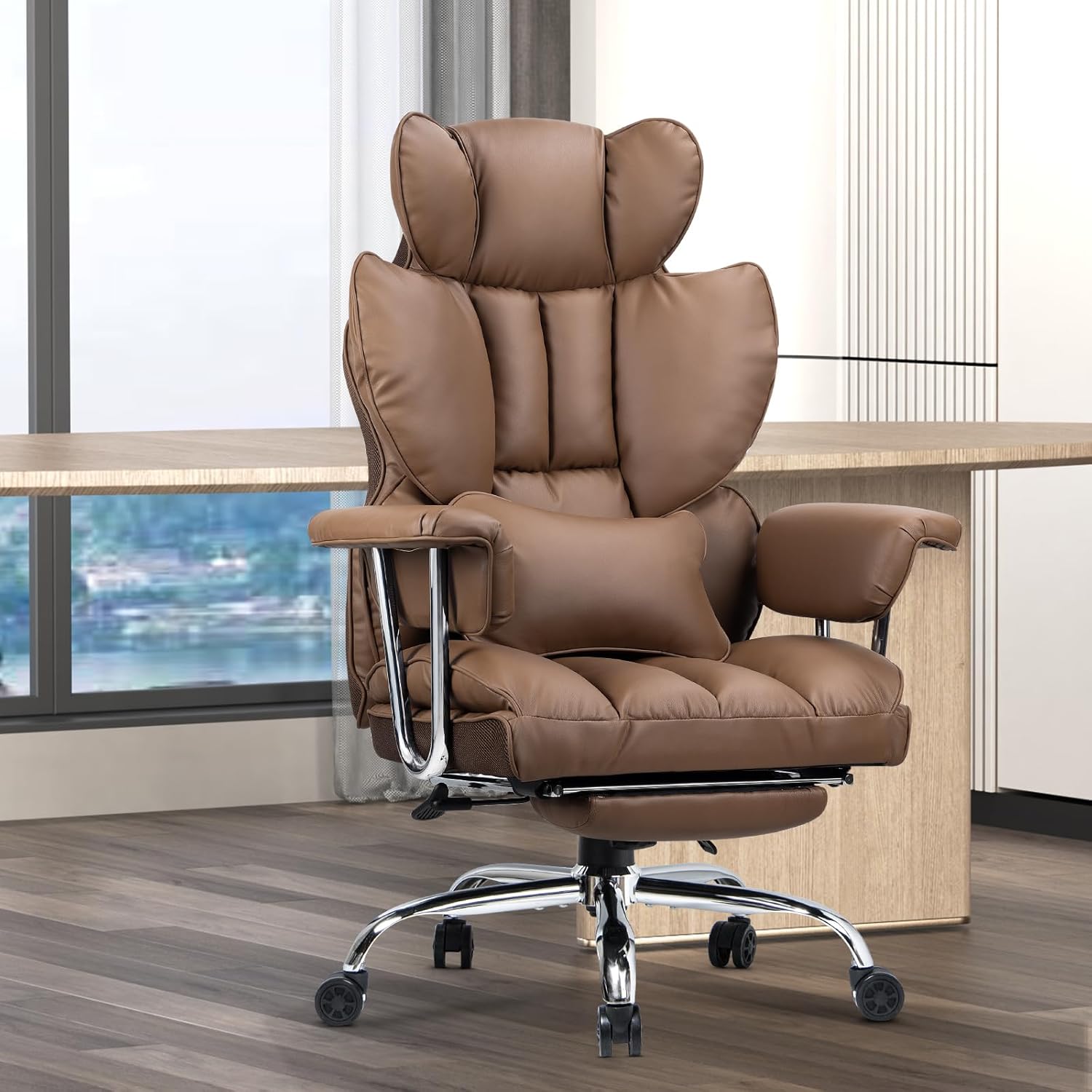 Office Chair with Lumbar Support, Lockable, Metal for home offices - Brown option